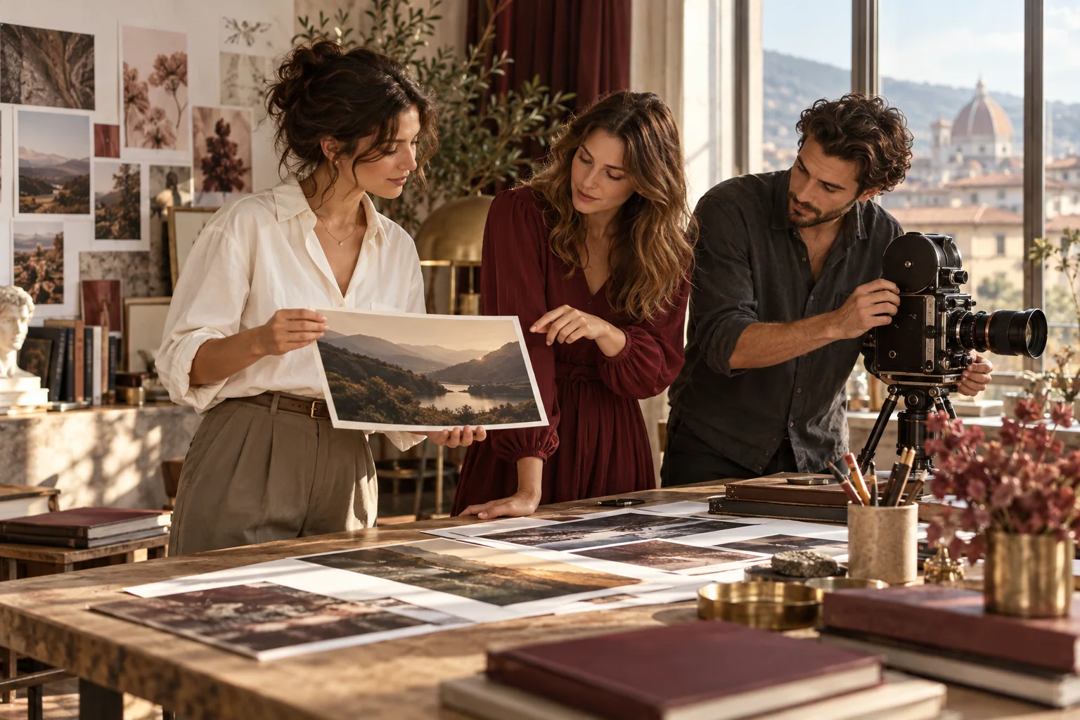 An editorial concept of three adult creatives discussing a landscape photograph and a cinema camera in a sunlit studio.