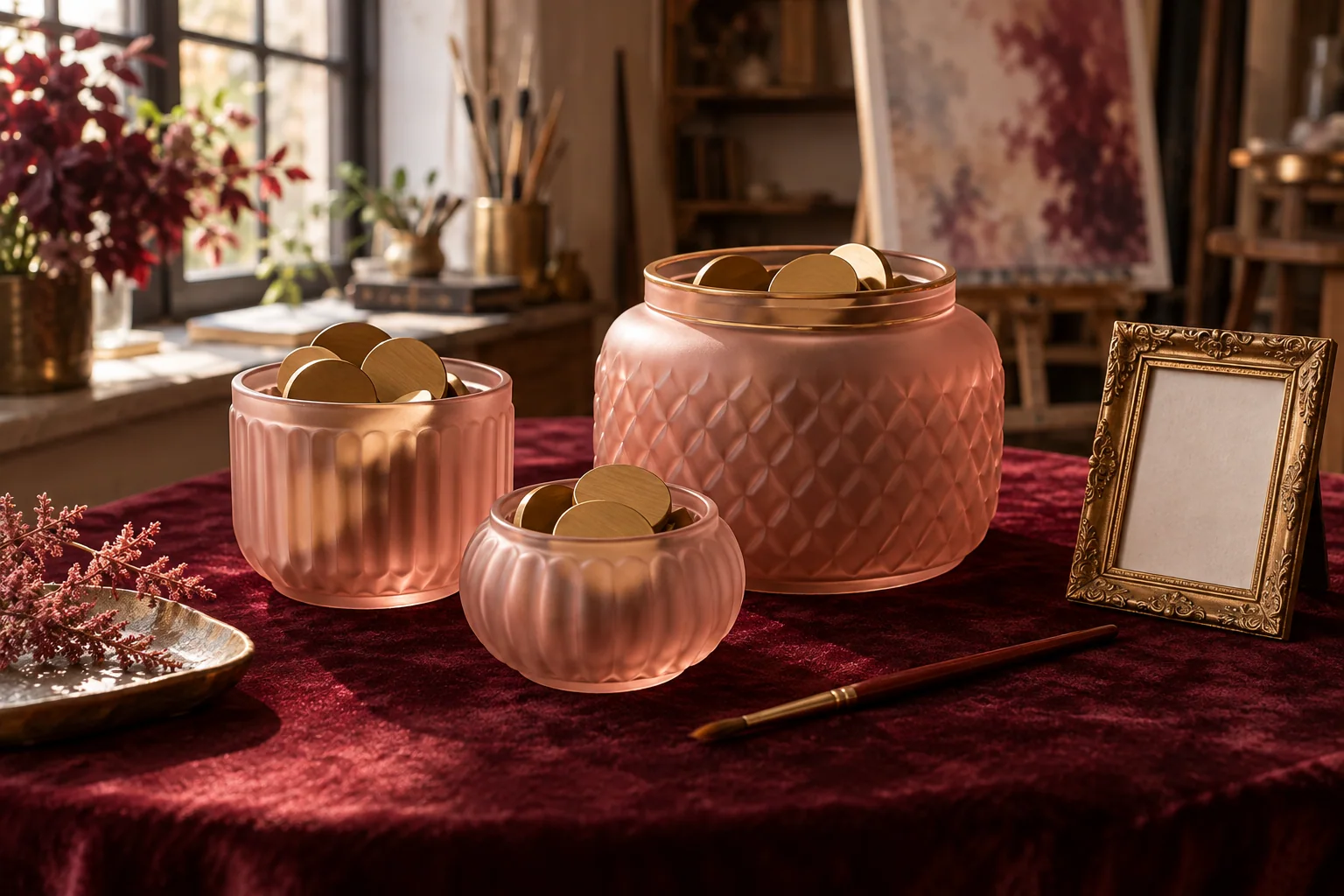 Three rose glass vessels holding plain brass tokens on a burgundy art studio table.
