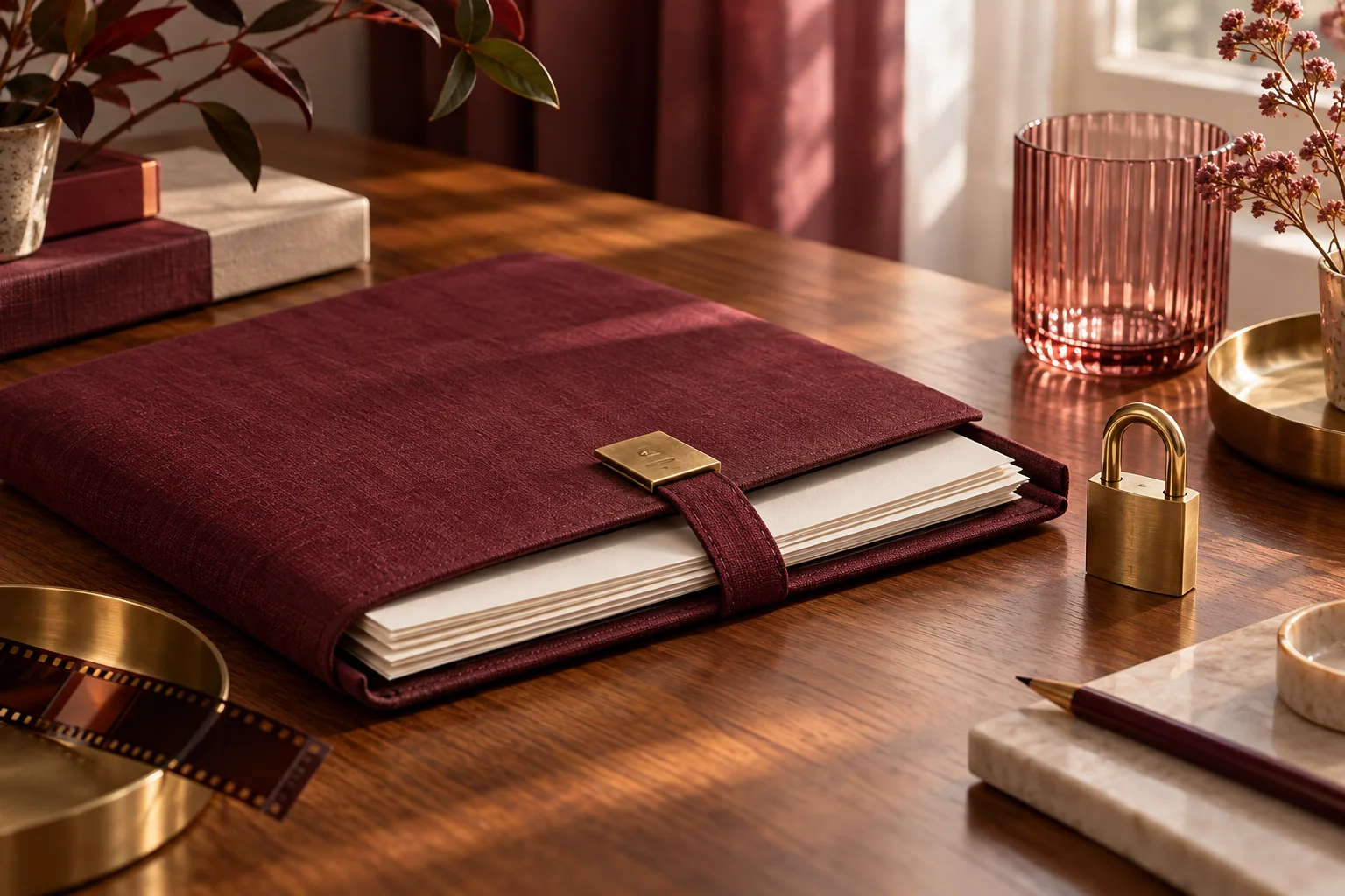 A document folio, blank sheets and a brass padlock on a burgundy studio desk.