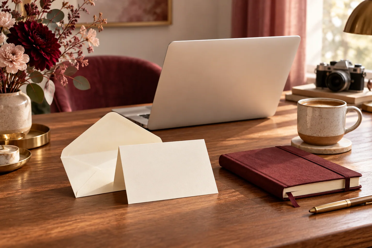 An open envelope and a blank note beside a laptop and notebook on a calm creative studio desk.