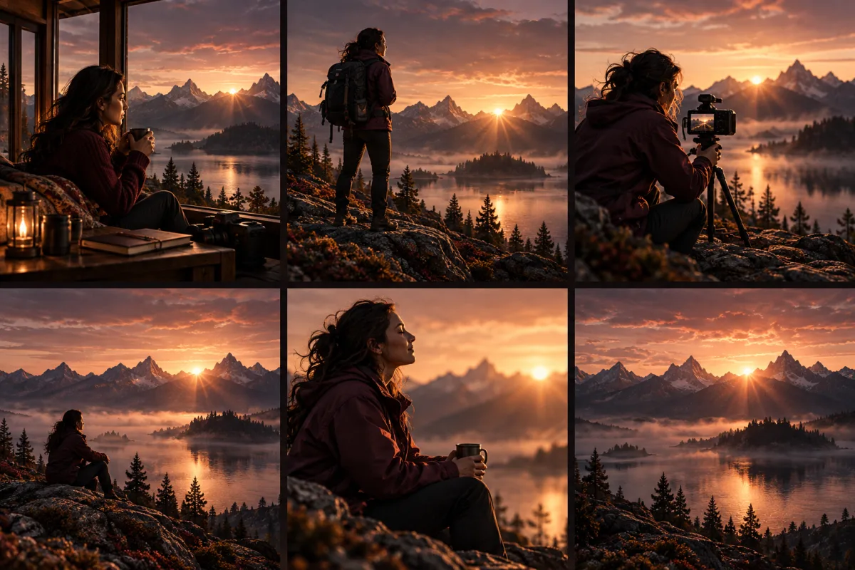 A sequence of shots keeps the same mountain lake and sunrise as its visual setting.