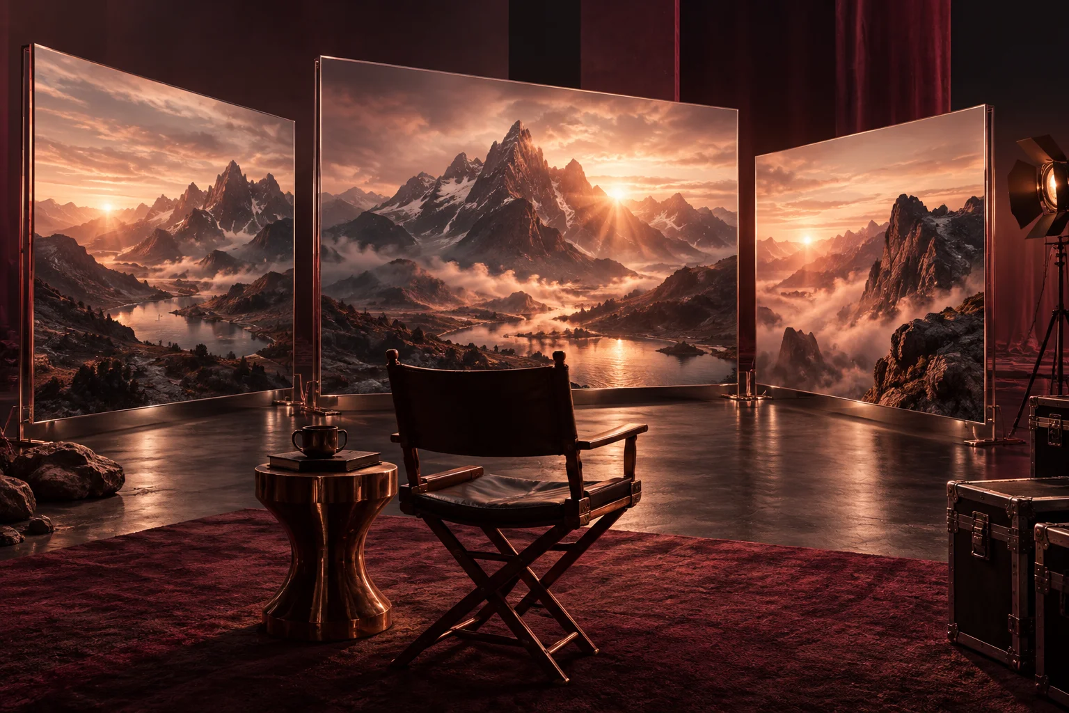 Three cinema frames show different views of a mountain landscape in a creative studio.