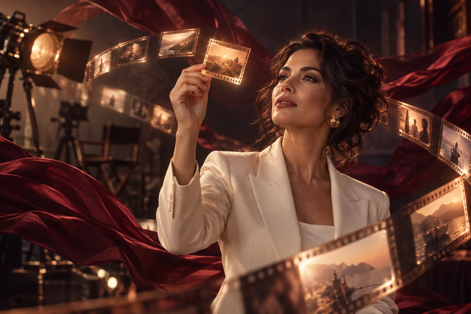 A film director studies a luminous frame in a warmly lit creative studio.