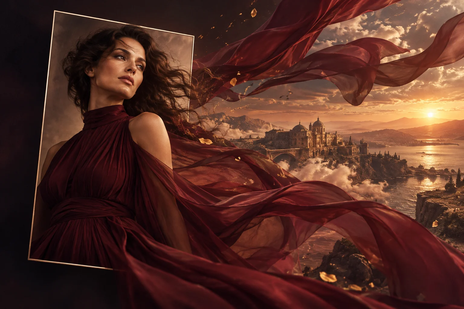 A framed portrait opens into a cinematic landscape with flowing burgundy fabric.