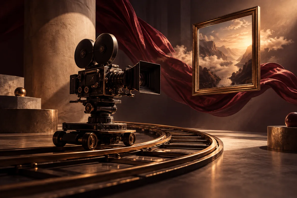 A cinema camera on a curved track beside moving silk illustrates camera and subject motion.