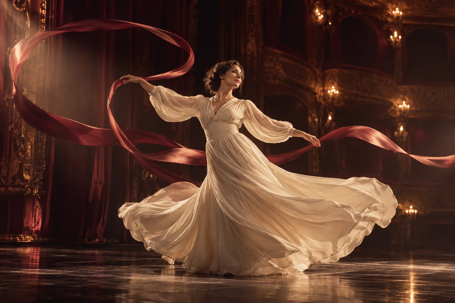 A dancer in a flowing ivory dress traces a ribbon through a softly lit theatre.