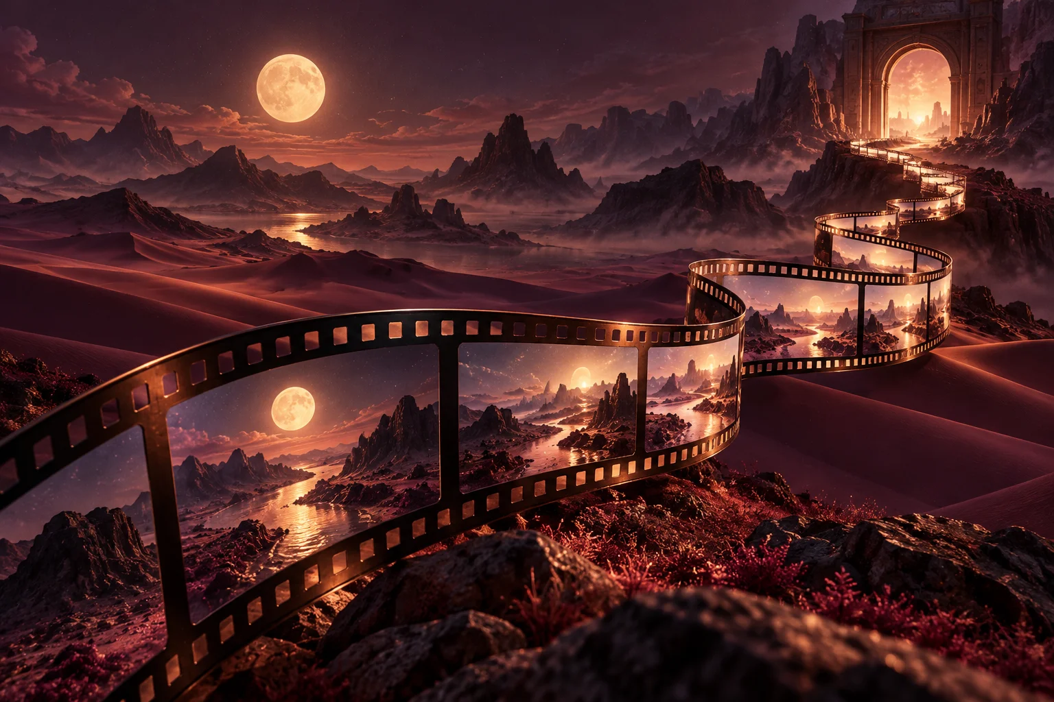 A film ribbon continues through a moonlit landscape toward a glowing archway.