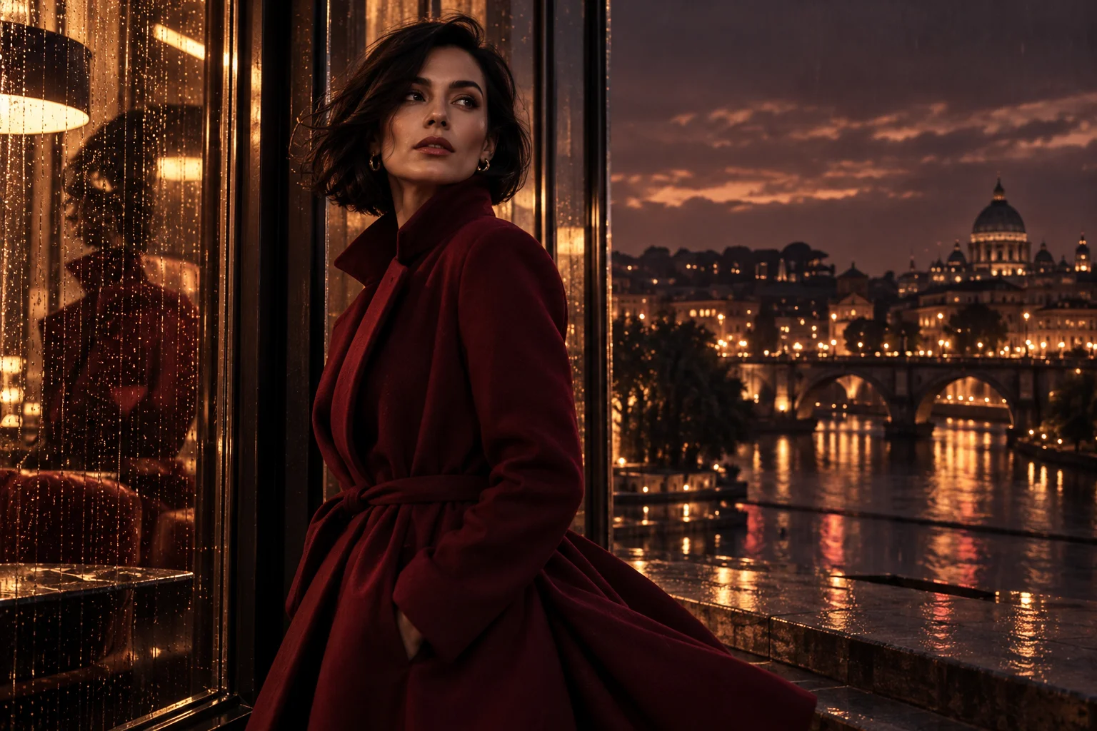 A woman in a burgundy coat beside rain-streaked glass and warm city reflections.