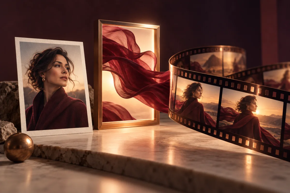 A portrait, flowing fabric and a film strip visualize a still image becoming a video.